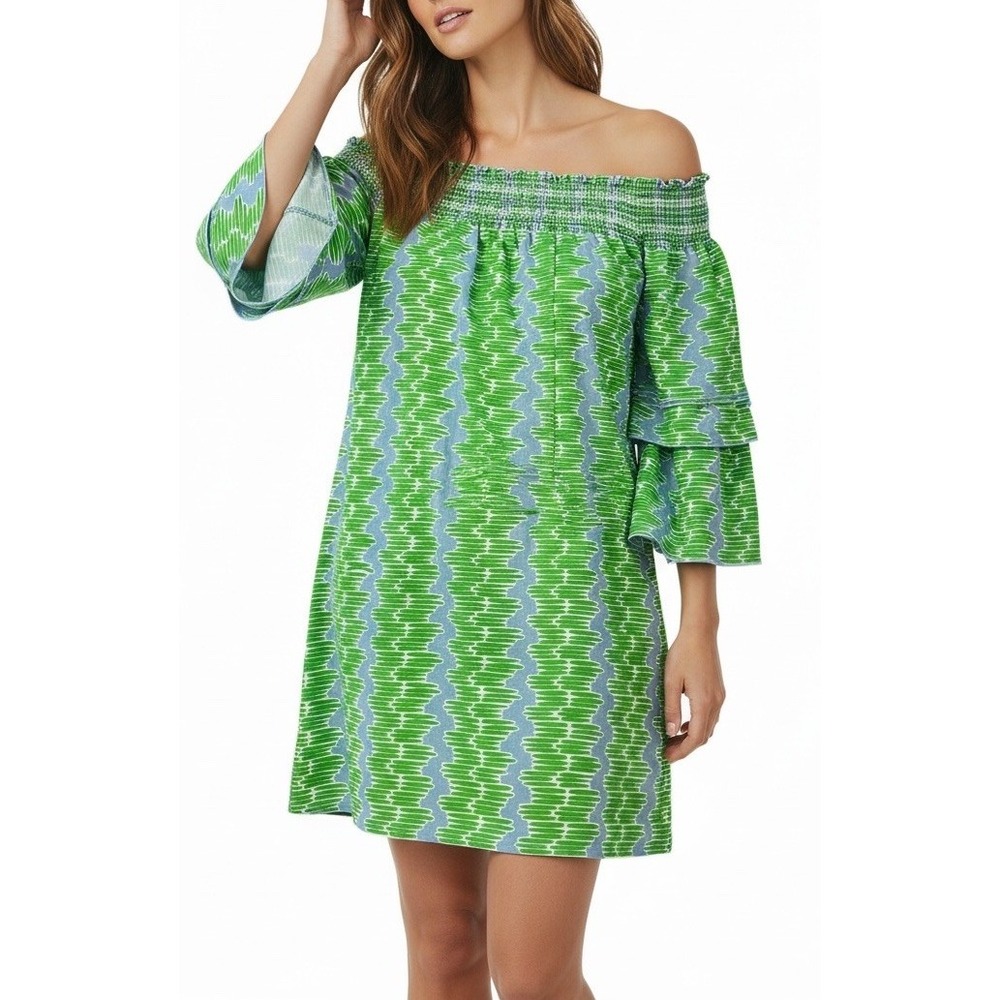 CK Bradley Santorini‎ Off The Shoulder Dress Paula's Stripe Green & Blue Dress L